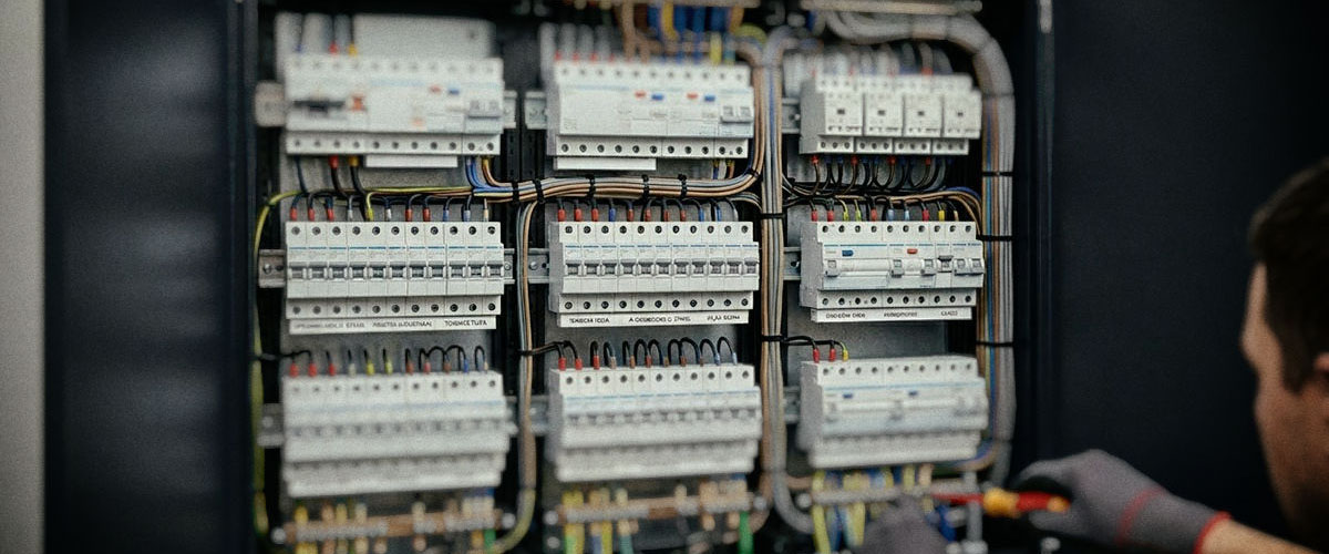 Elettricista che lavora su quadro elettrico residenziale