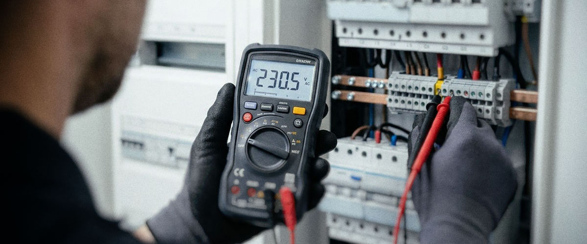 Elettricista professionista al lavoro su quadro elettrico