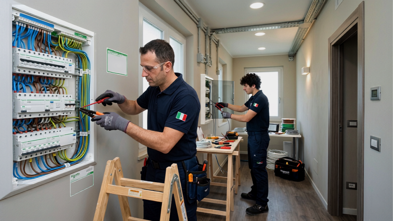 Elettricista professionista al lavoro su quadro elettrico
